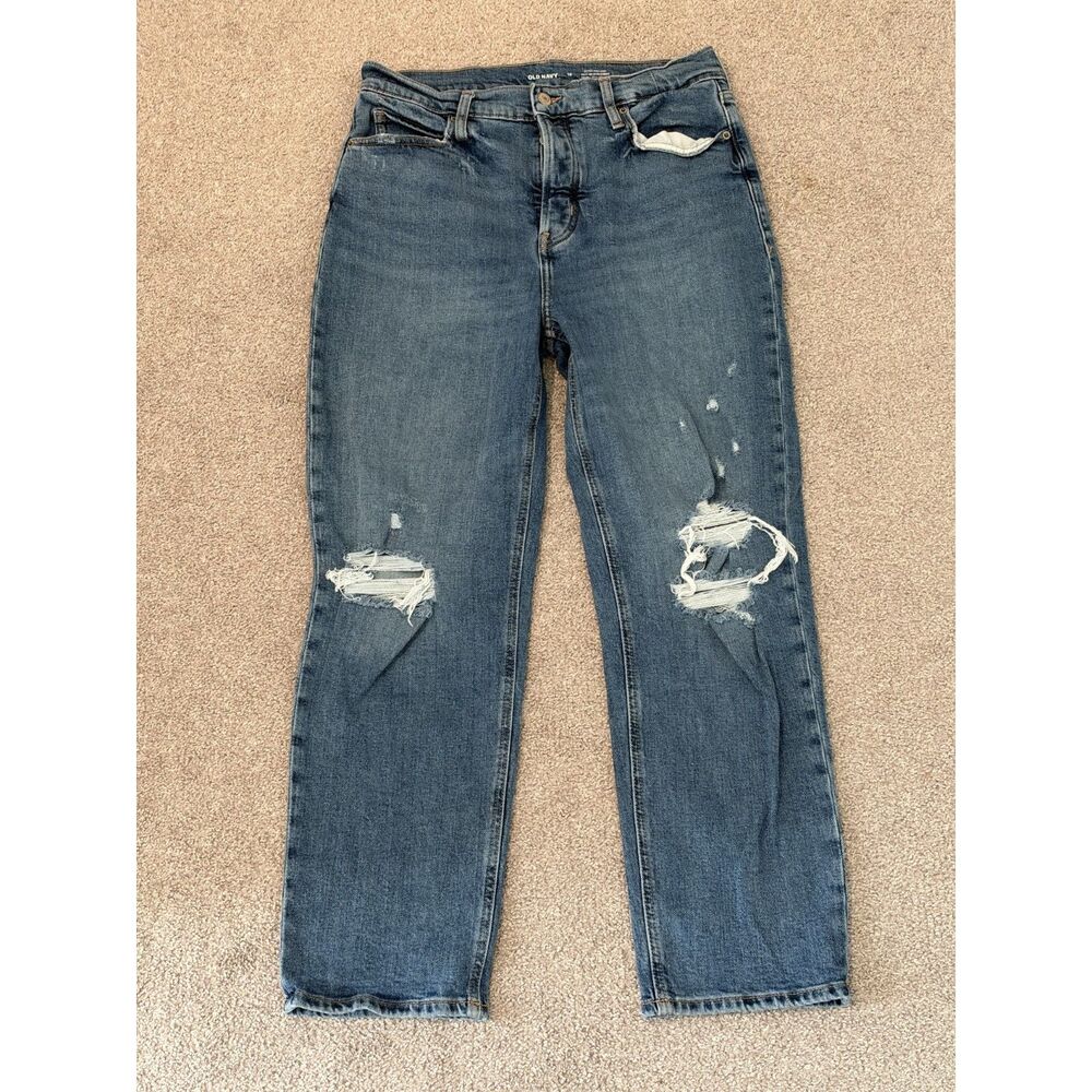 Old Navy Sky-Hi Straight Distressed Button Fly Jeans Size 10 Extra High Rise